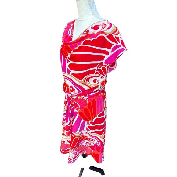 Natori Tie Waist Cowlneck Cap Sleeve Abstract Seashell Mini Dress - S - Picture 4 of 10